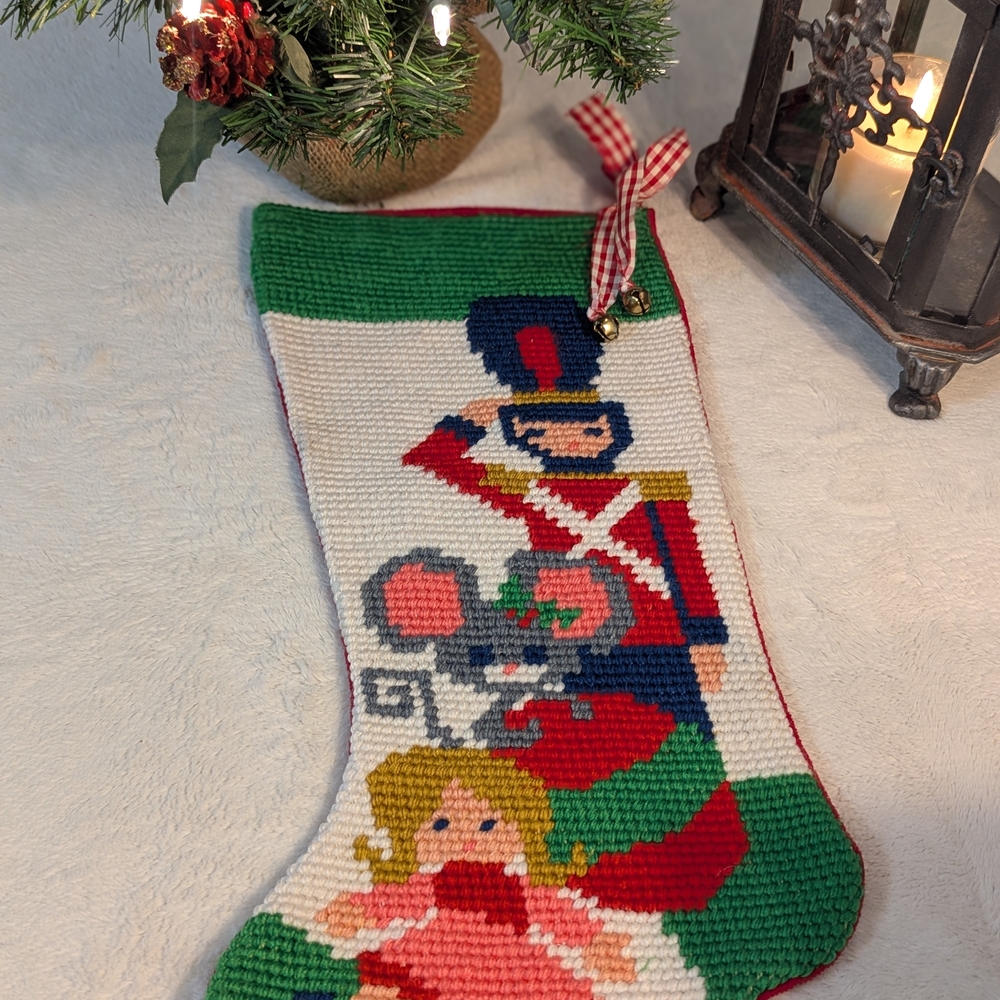 Handmade Needlepoint Nutcracker & Doll Christmas Stocking - Red Green White - Picture 2 of 8